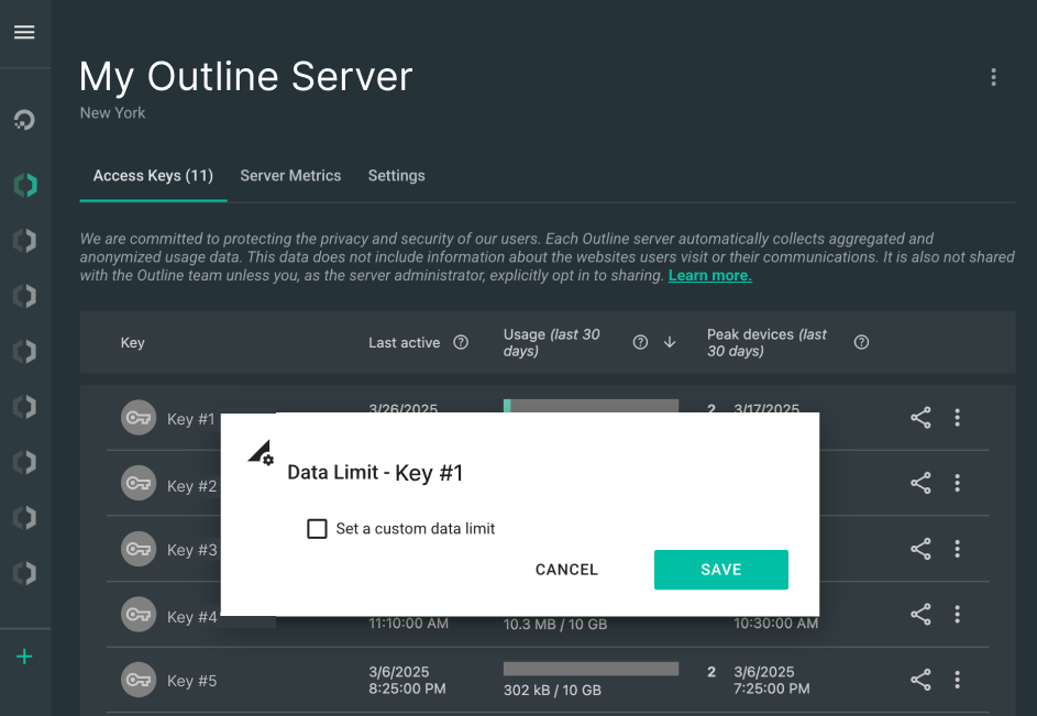 Removing the data limit on an individual access key