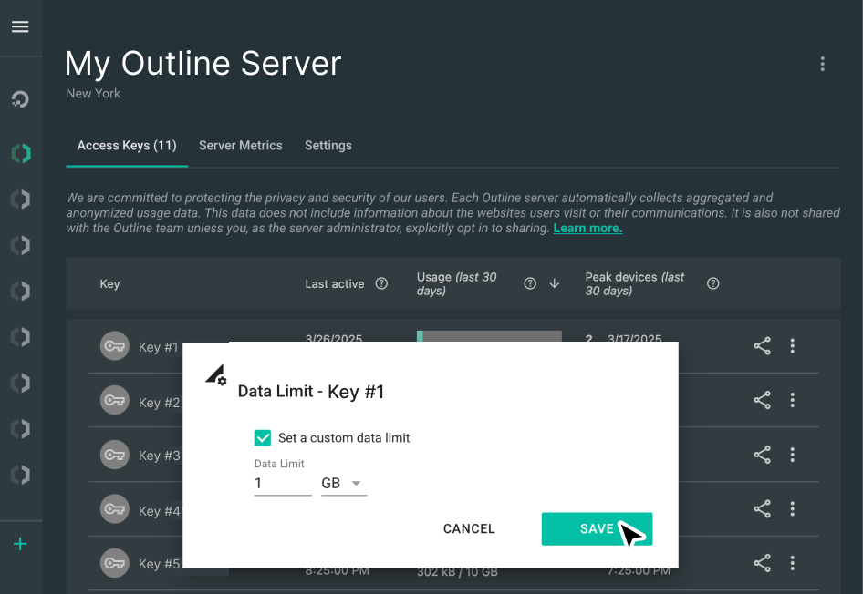 Setting a data limit for an individual access key