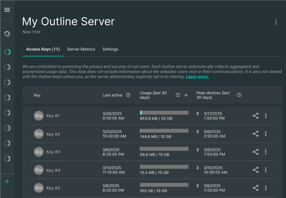 Outline Manager's Access Key page